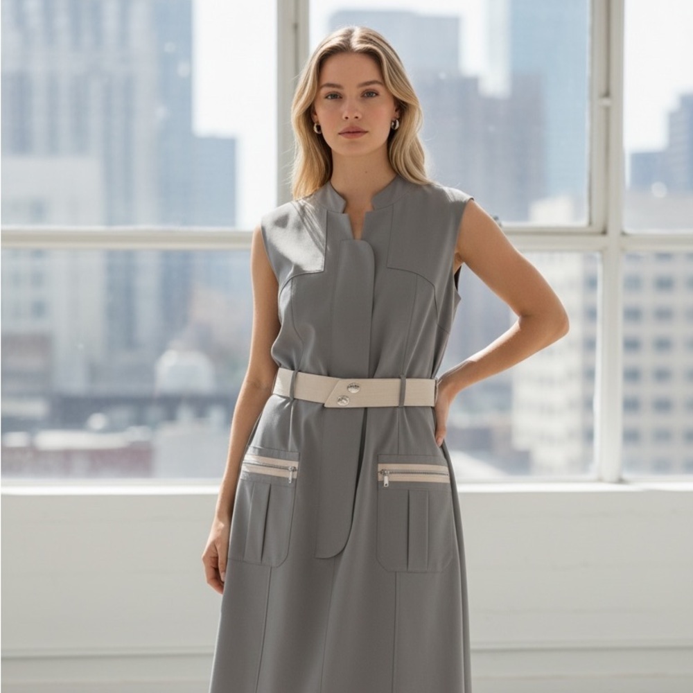Ross Mayer - Designer Chic Gray Sleeveless Midi Dress with Belt - Size 16